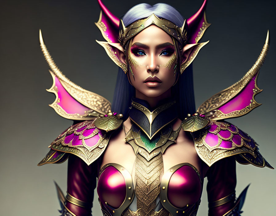 Fantasy digital art of female character in golden & purple armor