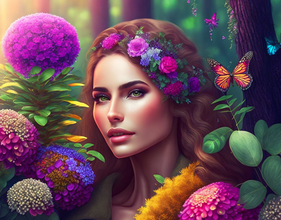 Digital painting of woman with floral hair accessories and butterfly among vibrant flowers