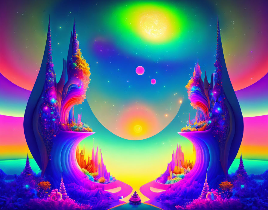 Symmetrical digital artwork of colorful, fantastical landscapes