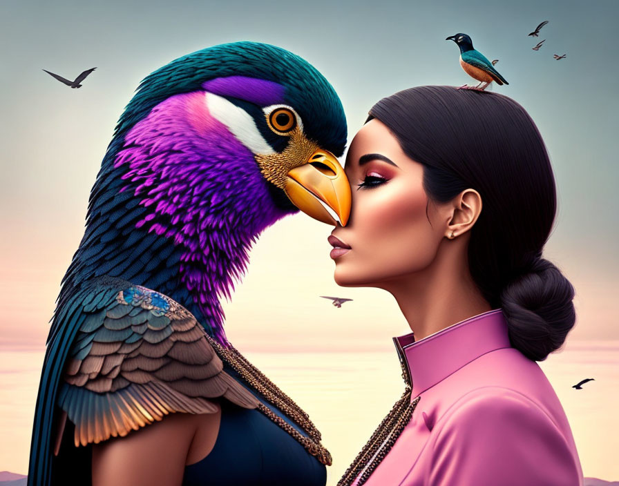 Surreal illustration of woman with bird's head touching foreheads