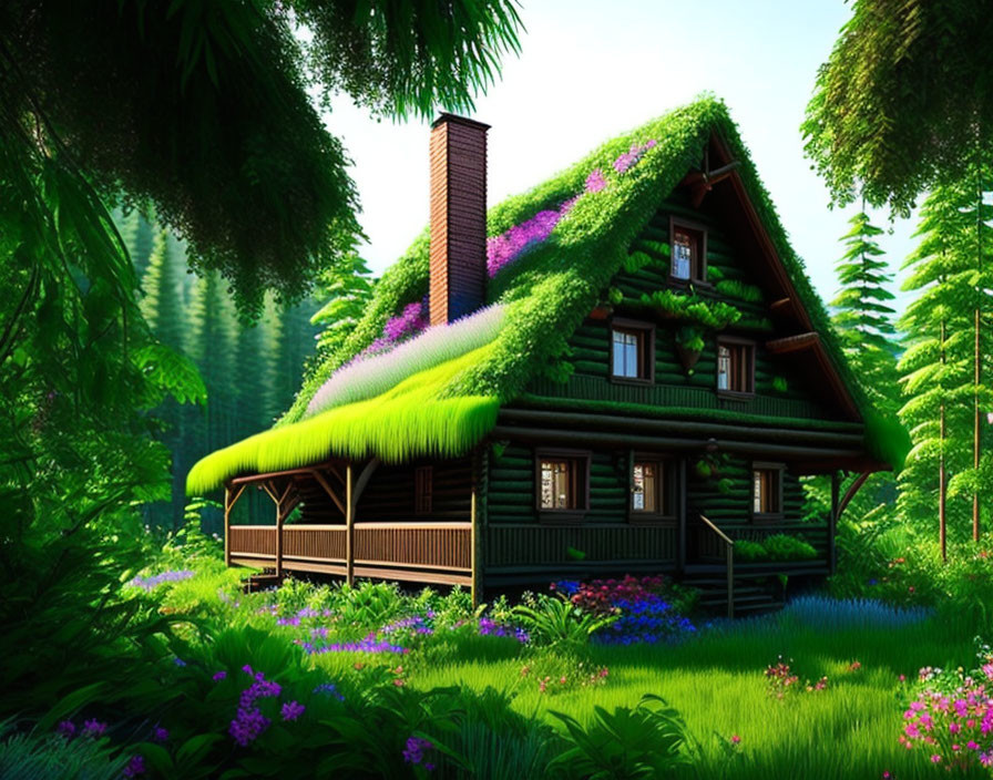 Vibrant green landscape with cozy A-frame house and mossy roof surrounded by blooming foliage