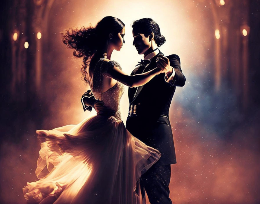 Romantic couple dancing in warm glowing silhouette