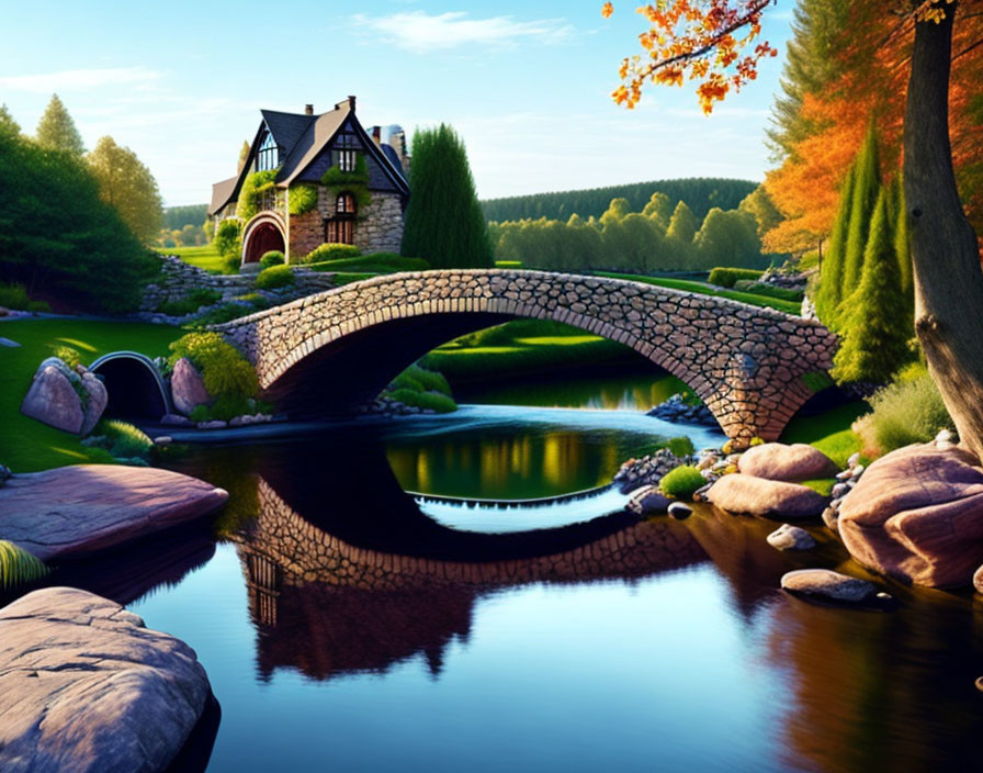 Stone bridge over tranquil river with charming cottage and autumn trees in vibrant greenery