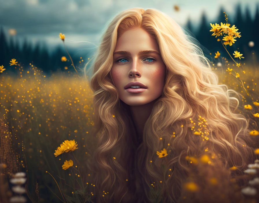 Blonde Woman in Yellow Flower Field under Cloudy Sky