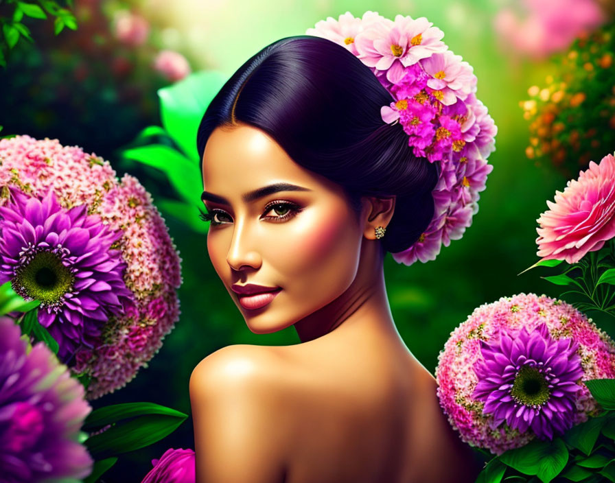 Digital artwork of woman with sleek hair among pink and purple flowers