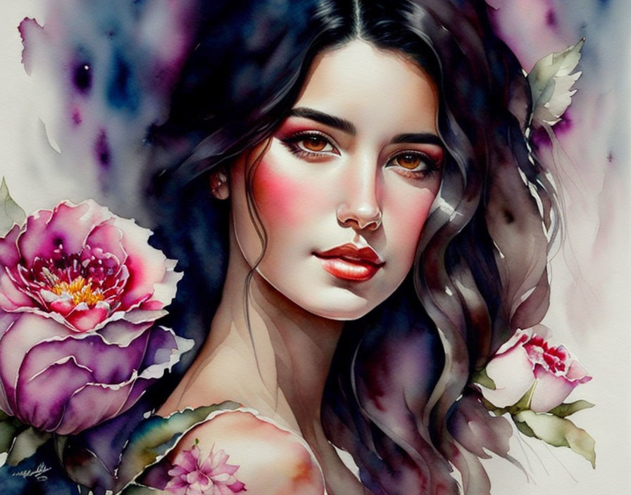 Dark-haired woman surrounded by pink flowers in watercolor art