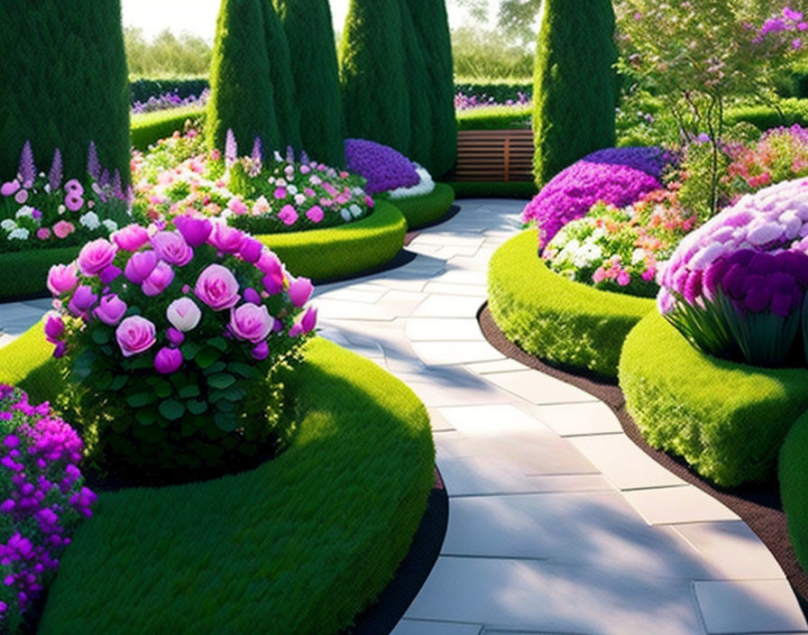 Colorful Flowers and Manicured Hedges in Vibrant Garden