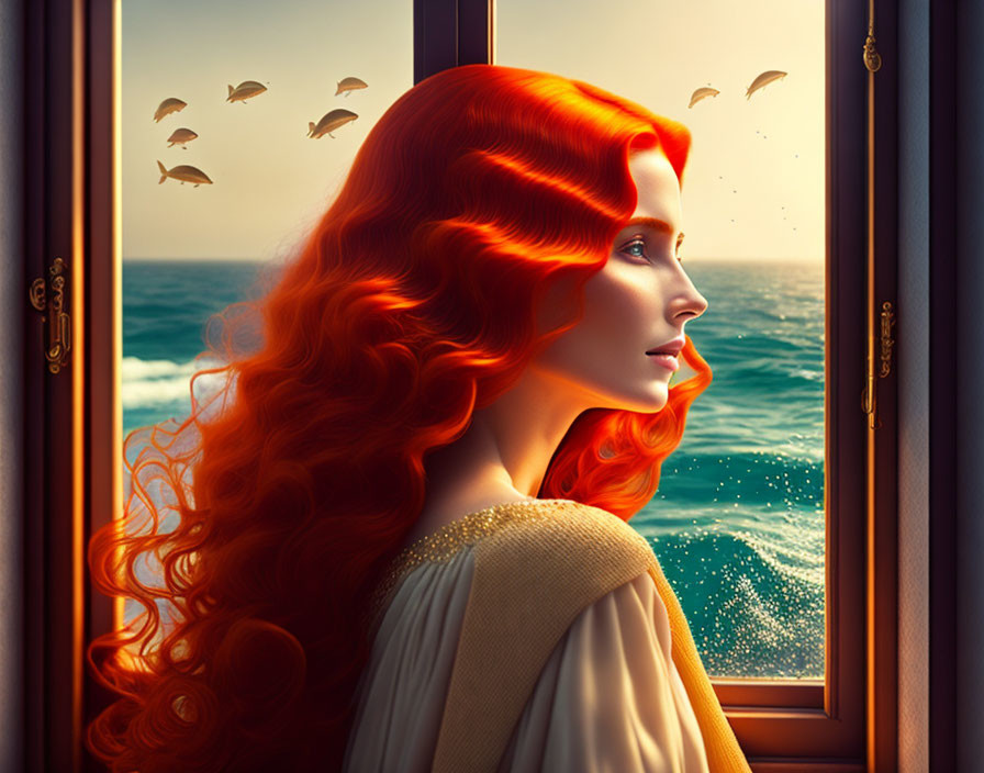 Red-haired woman looking at sea through window with birds and sunlight.