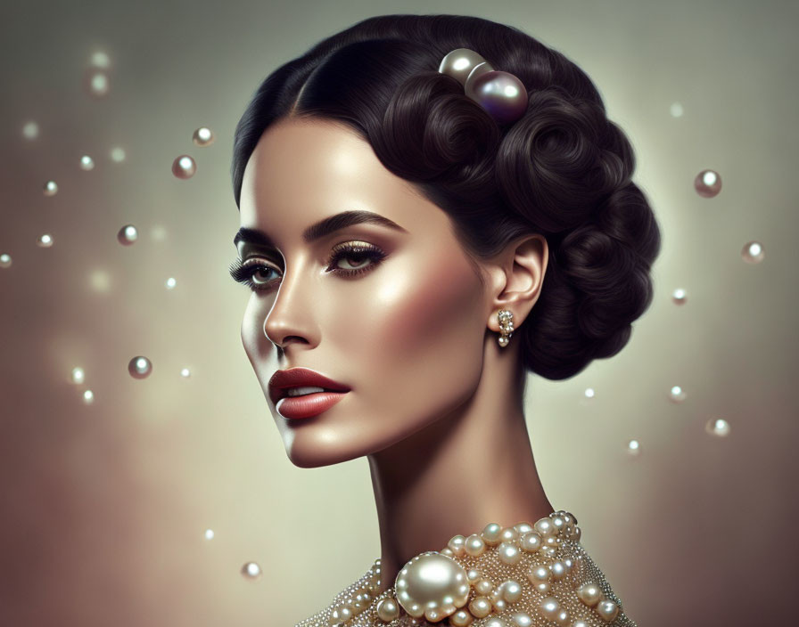 Elegant woman portrait with pearl accessories and glowing orbs