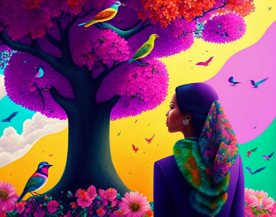 Colorful digital artwork: Woman admiring whimsical tree with birds and flowers under pink and yellow sky