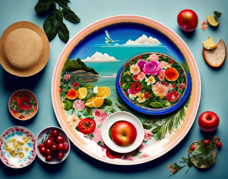 Colorful Still Life Featuring Plates, Fruits, Vegetables, Hat, and Basil on Blue Background