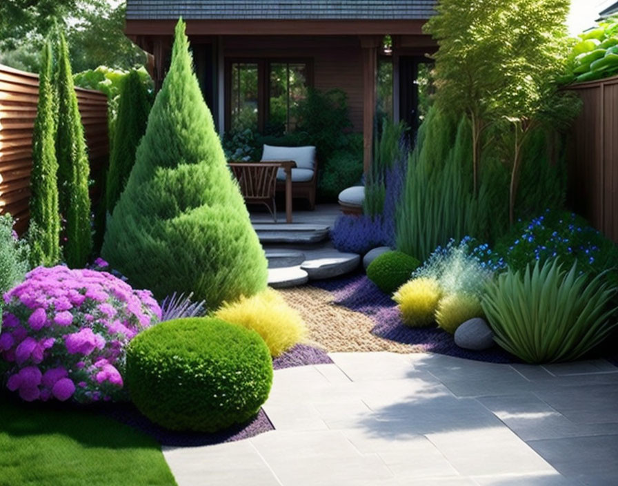 Tranquil garden with conifers, shrubs, and perennials around stone pathway