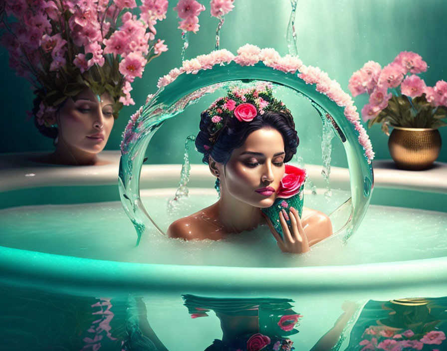 Woman in water with cherry blossoms, holding rose, reflection in bubble