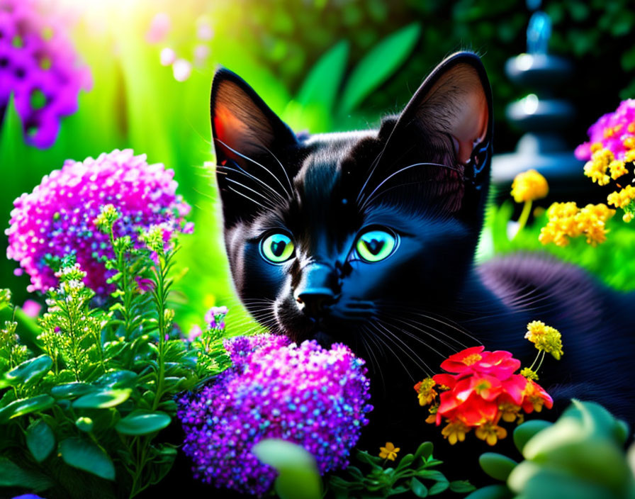 Black Cat with Blue Eyes Among Purple and Red Flowers in Sunny Garden