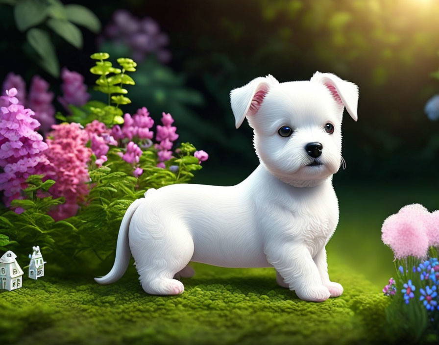 Fluffy white puppy on green moss with colorful flowers and miniature house