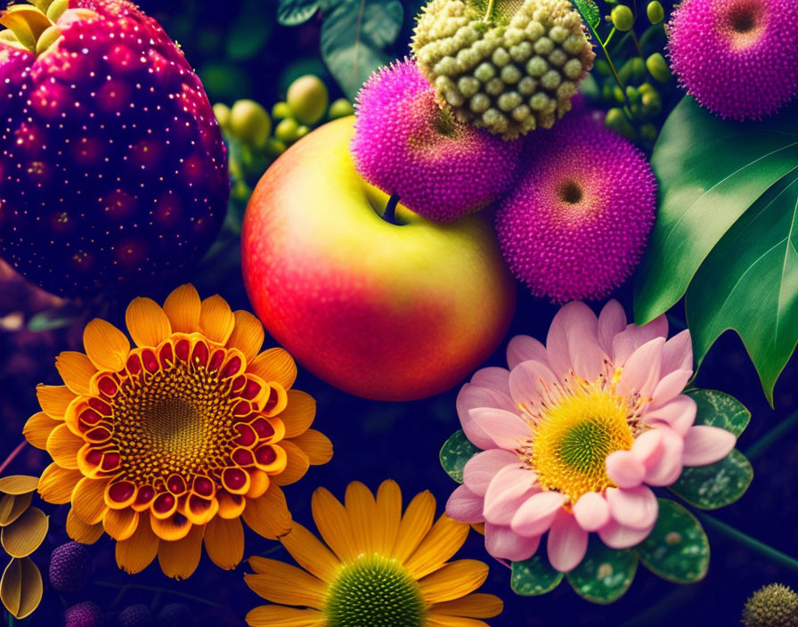 Colorful fruits and flowers with red apple, berries, and blossoms.