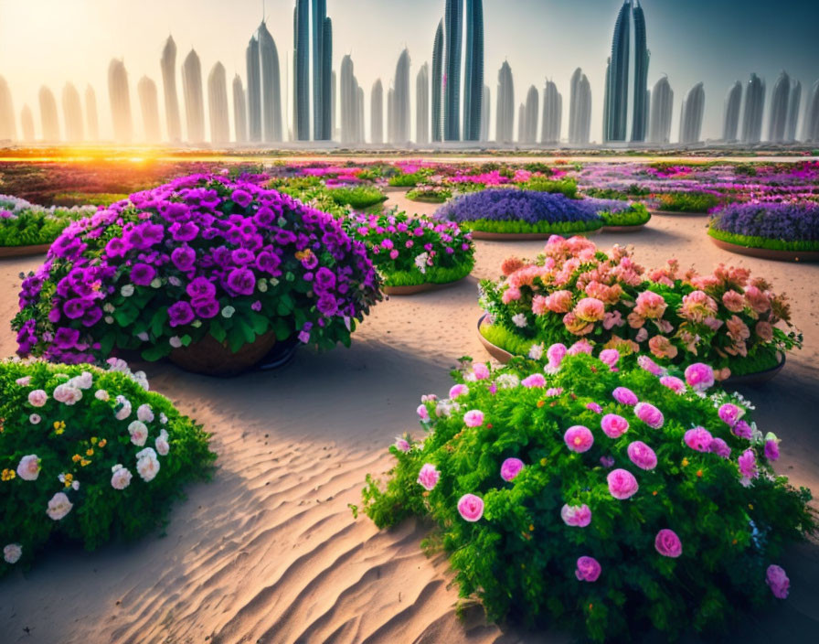 Colorful flowerbeds contrast with urban skyscrapers under clear sky