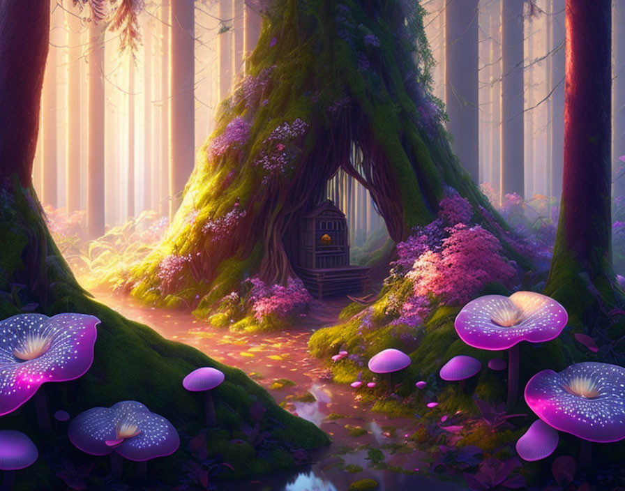 Enchanting forest scene with treehouse, glowing mushrooms, and purple flowers