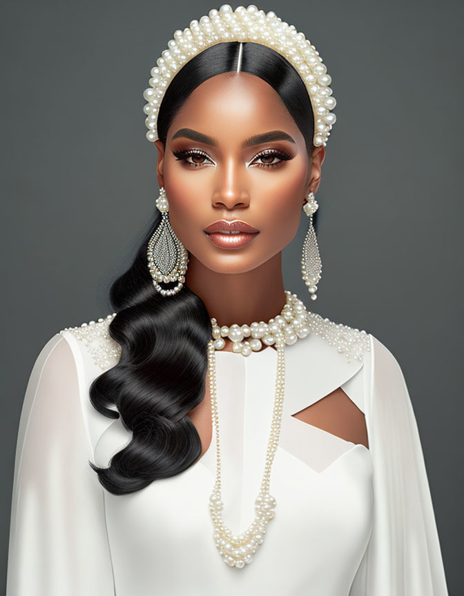 Stylish woman in white outfit with pearl accessories on gray background