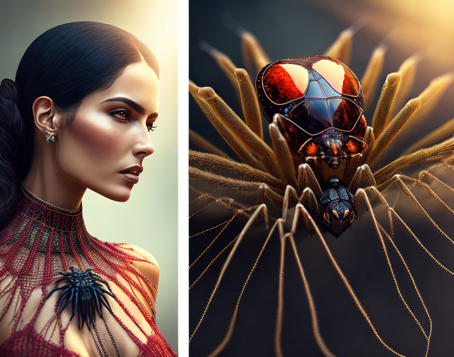 Split Image: Woman with Sleek Hair & Vibrant Spider Close-Up