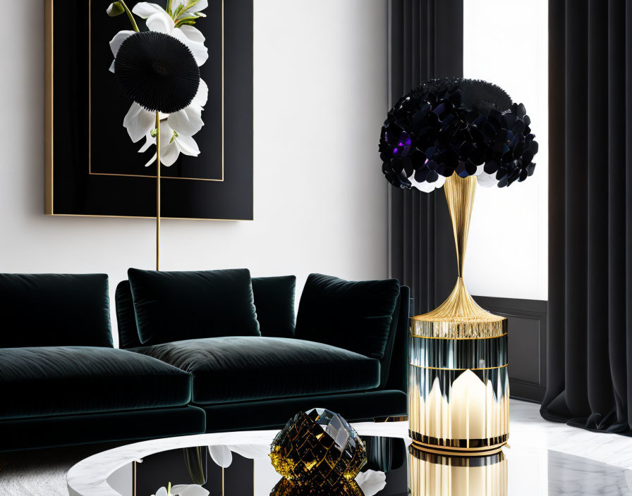 Sophisticated interior with dark green velvet sofa, modern lamp, geometric decor, and floral painting.