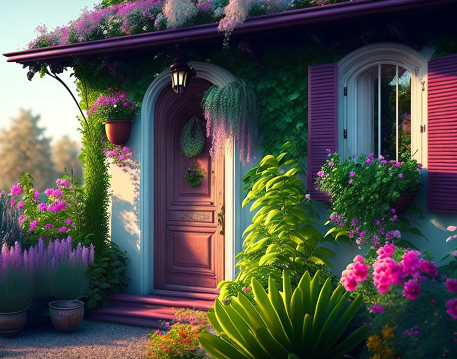 Lush Greenery and Flowers Surround Cozy Entrance