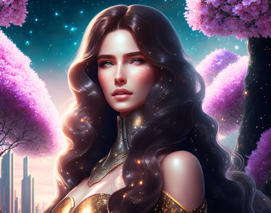 Illustration of Woman with Long Dark Hair Among Glowing Cherry Blossoms