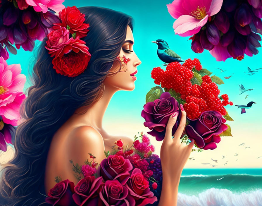 Woman with Flowers in Hair Holding Berries and Bird in Vibrant Floral and Seascape Setting