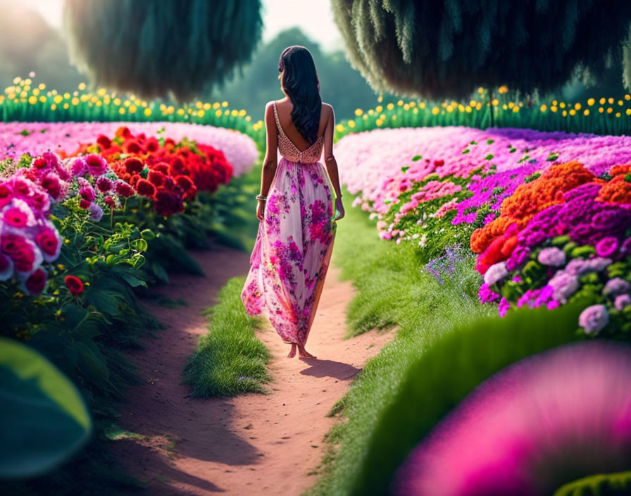 Woman in floral dress walking among vibrant flowers on dirt path