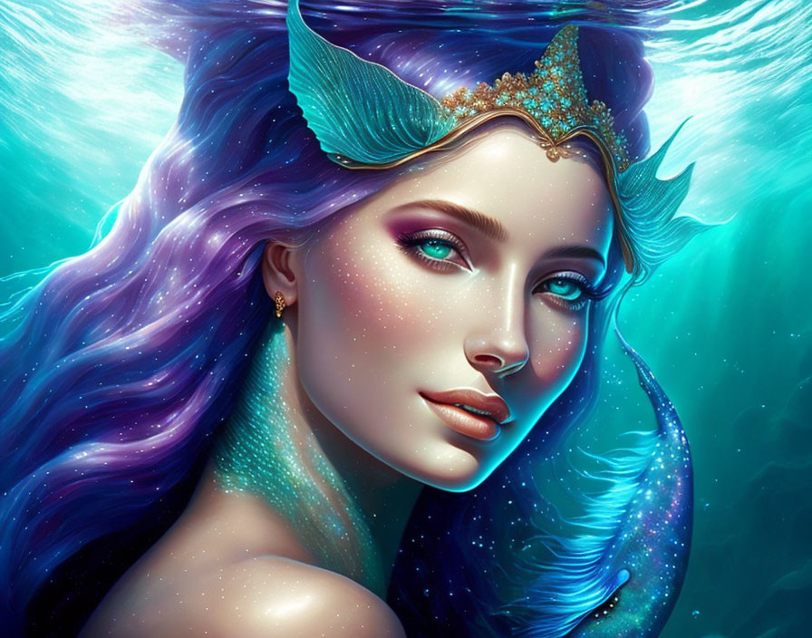 Shimmering Aqua Mermaid with Purple Hair and Crown Underwater