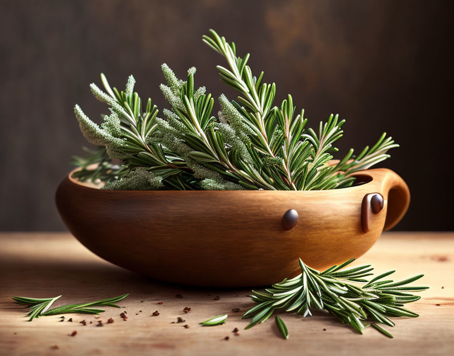 Wooden bowl with fresh rosemary sprigs on rustic table