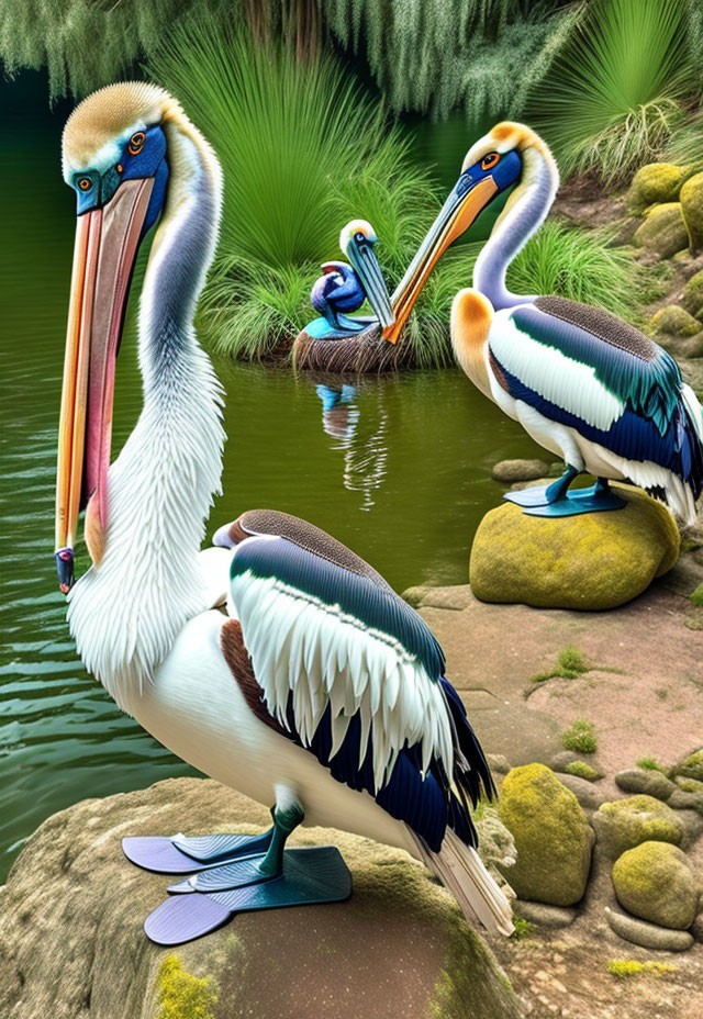 Colorful Pelicans Perched on Rocks by Pond