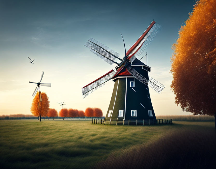 Traditional windmill with red vanes in pastoral landscape with golden trees and clear sky.