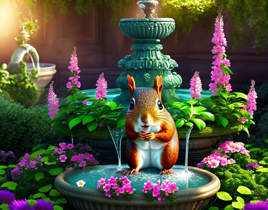 Squirrel in garden with water fountain and vibrant plants