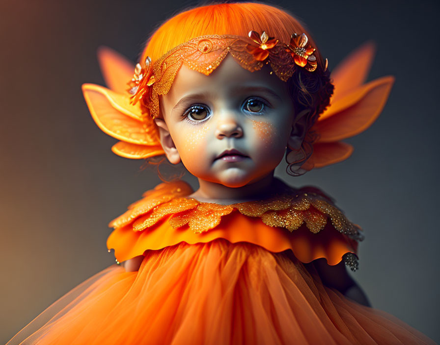 Toddler in orange fairy costume with elf-like ears