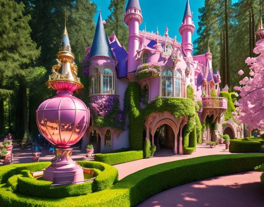 Pink castle with spires and crystal ball in whimsical garden setting