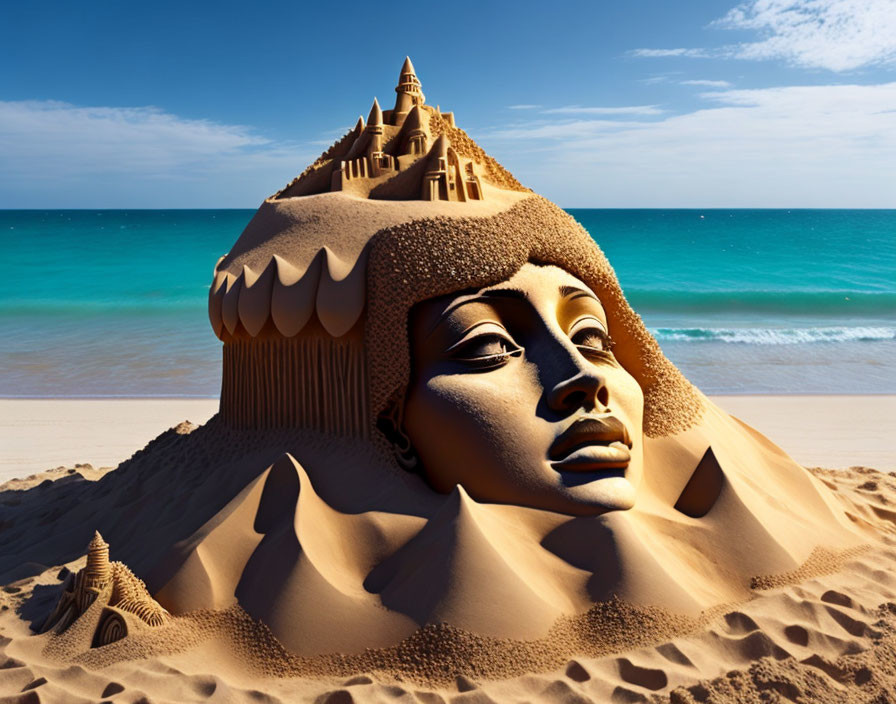 Detailed Egyptian queen sand sculpture with sphinx and pyramids under clear blue sky