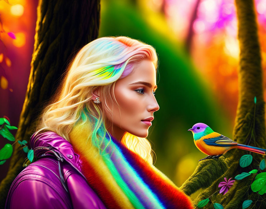 Colorful woman admires bird in vibrant forest scene