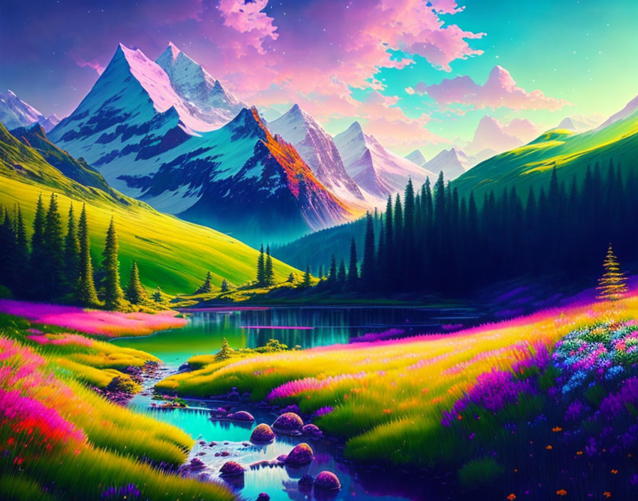 Colorful digital landscape: meadows, river, mountains & pink sky