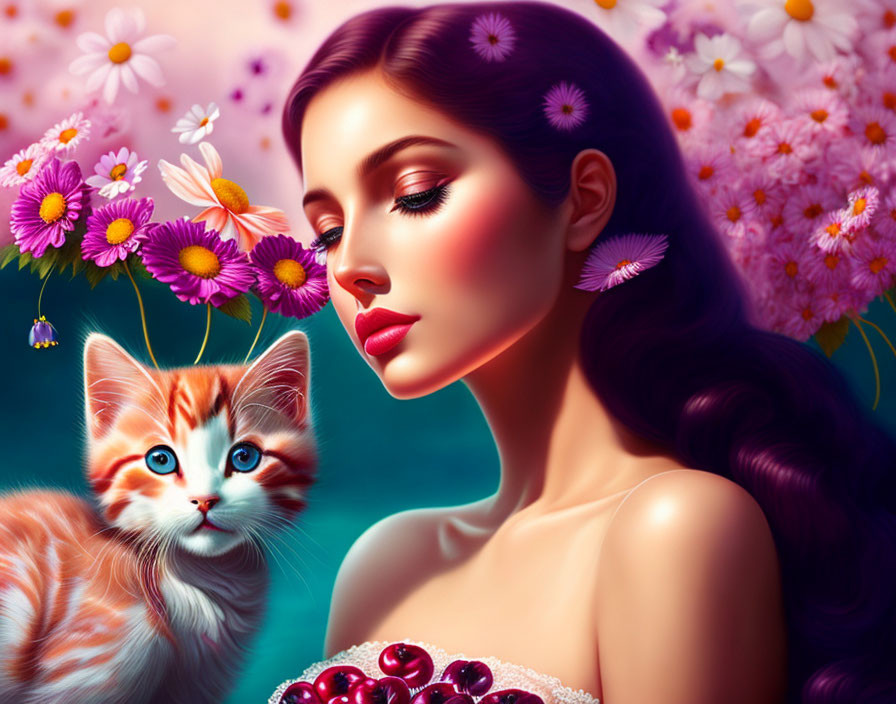 Woman with flowing hair and kitten among vibrant flowers