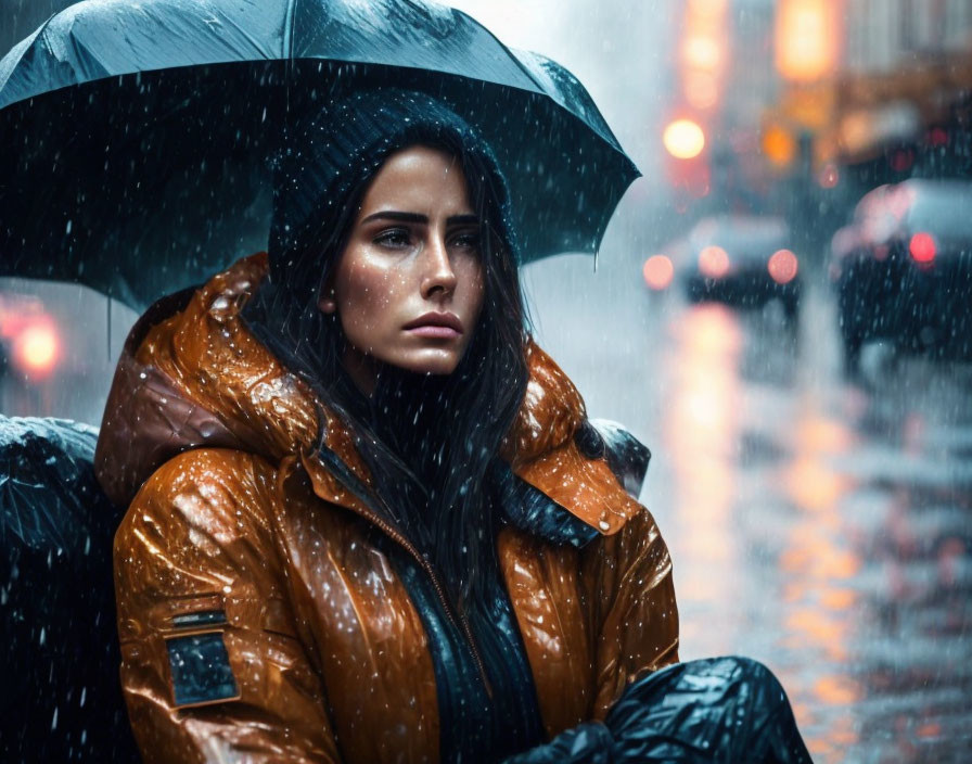 Pensive woman with umbrella in city rainstorm