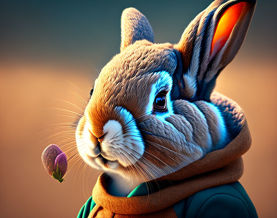 Detailed anthropomorphic rabbit in teal jacket with hot air balloon