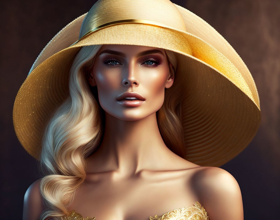 Blonde woman in golden hat and top on brown background