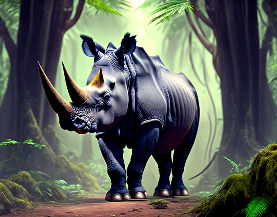 Exaggerated rhinoceros in mystical forest landscape