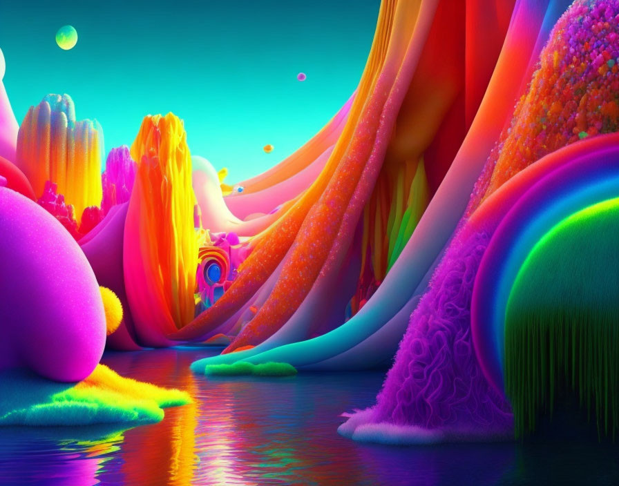 Colorful surreal landscape with fantastical structures and reflective water