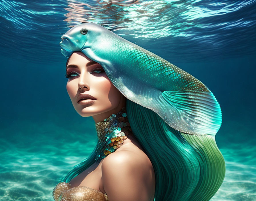 Woman with Fish Headpiece and Teal Scales in Surreal Setting