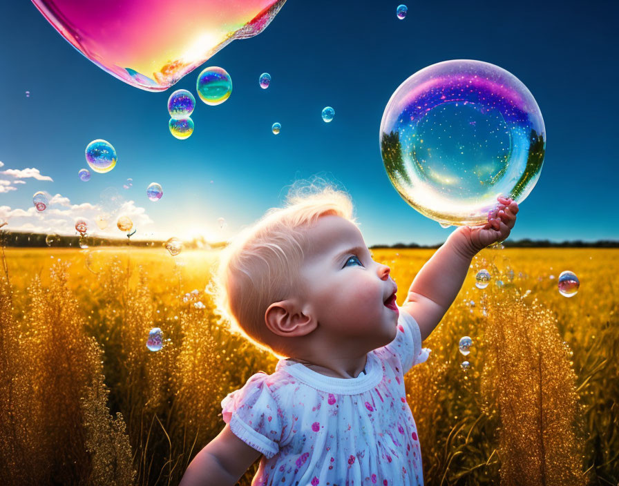 Toddler reaching for iridescent bubble in field at sunset