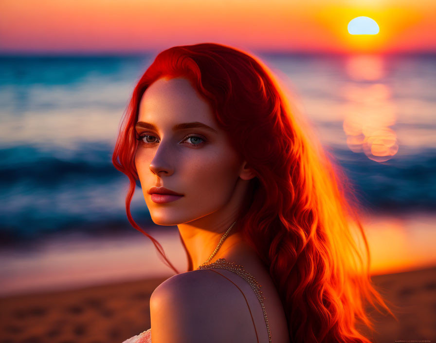 Red-haired woman gazes at sunset on beach with warm light.