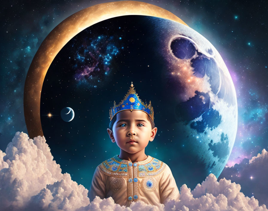 Young Child in Royal Attire Against Cosmic Backdrop with Moon and Planets