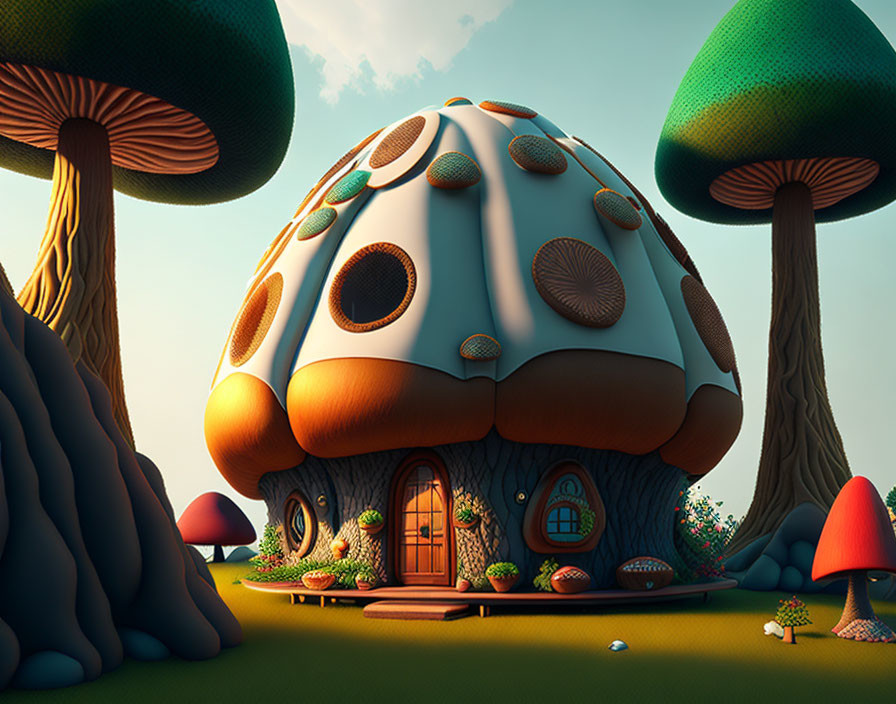 Fantasy mushroom house with circular windows and wooden door in dreamy landscape